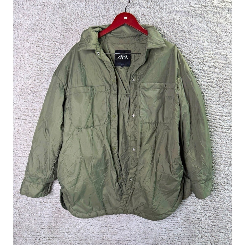 Zara Green Shacket Jacket Men's L Relaxed Fit Mid-Length Pockets Button Front